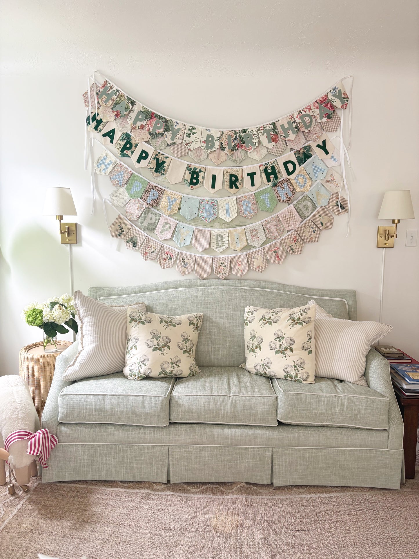HAPPY BIRTHDAY BANNER - ASSORTED FLAGS W/ BLUE GINGHAM LETTERS