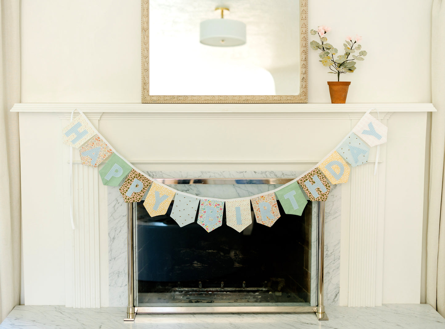 HAPPY BIRTHDAY BANNER - ASSORTED FLAGS W/ BLUE GINGHAM LETTERS